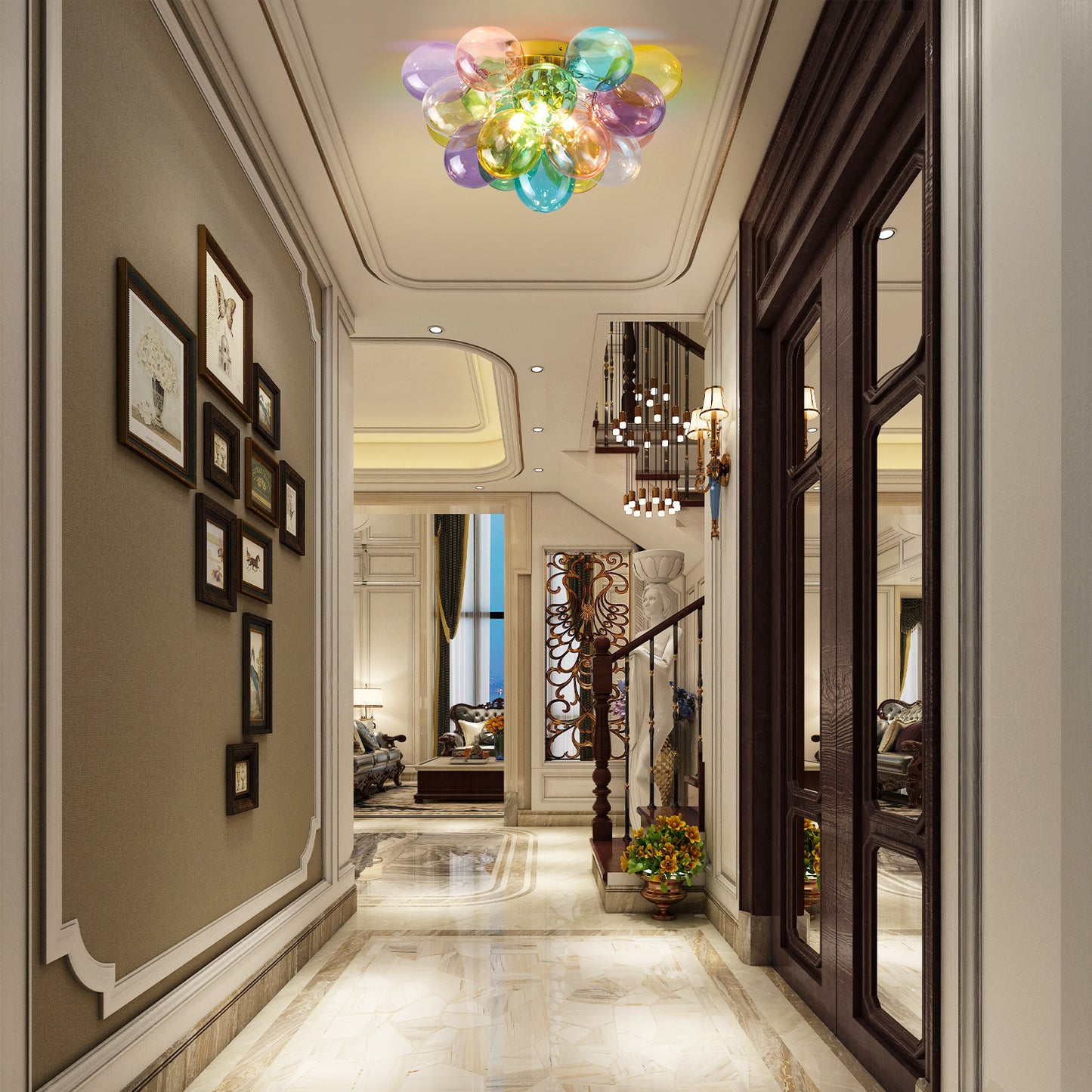Colorful Glass Bubble Ball Swirled Glass Chandelier 15 Inch 3 Light, Small Pendant Light Fixture for Bedroom Study Restaurant