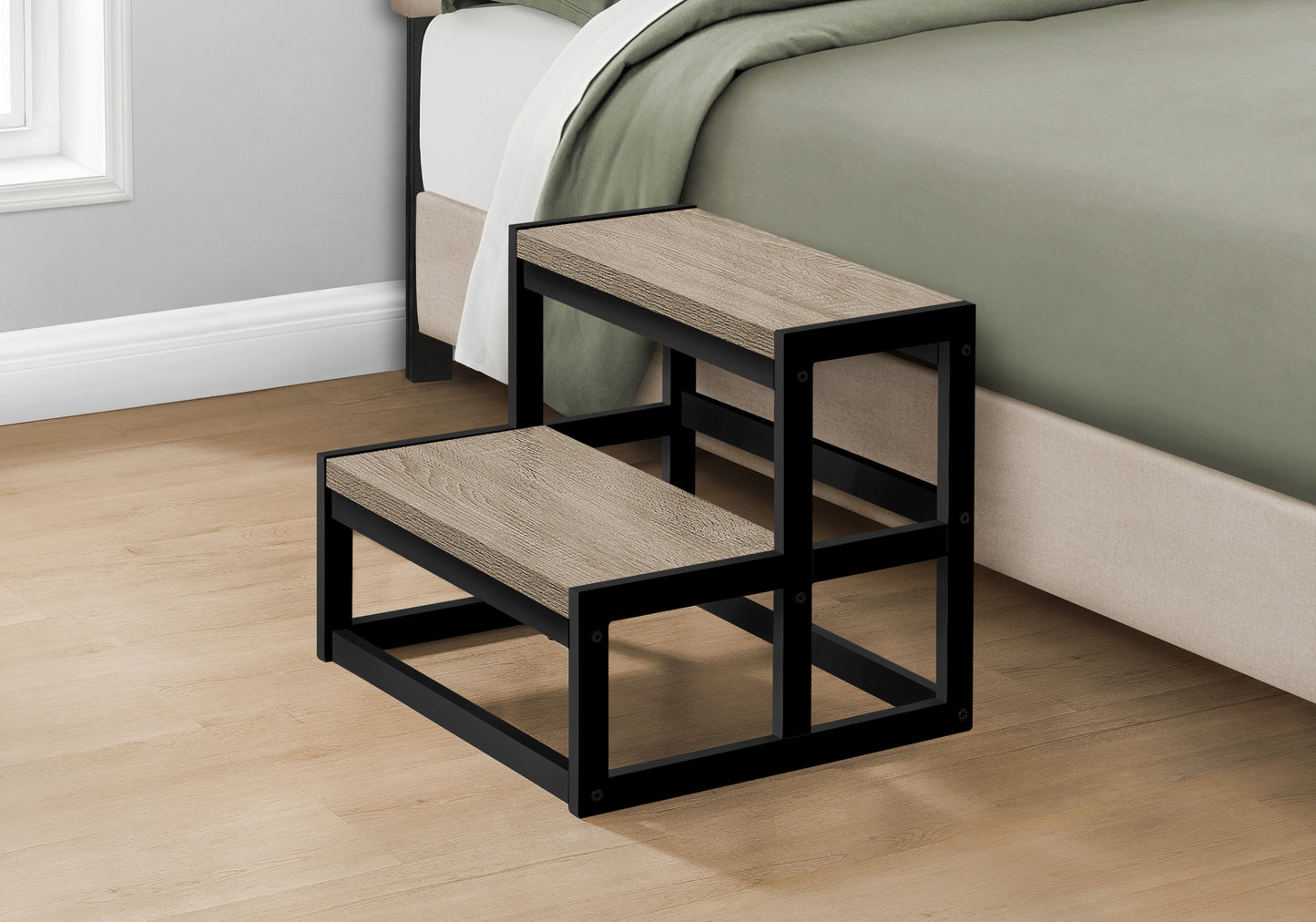 Ladder, Step Stool, Bedroom, Kitchen, Black Metal, Dark Taupe Laminate, Contemporary