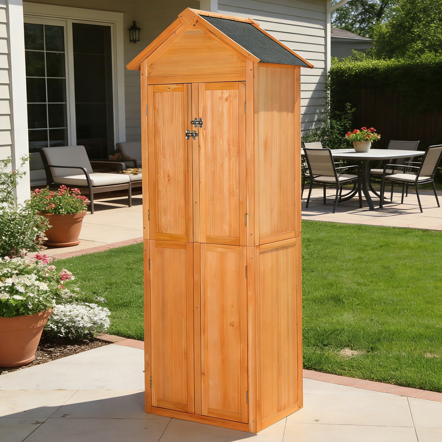 Outdoor Storage Shed Wood Tool Shed Waterproof Garden Storage Cabinet with Lockable Doors for Patio Furniture, Backyard, Lawn, Meadow, Farmland