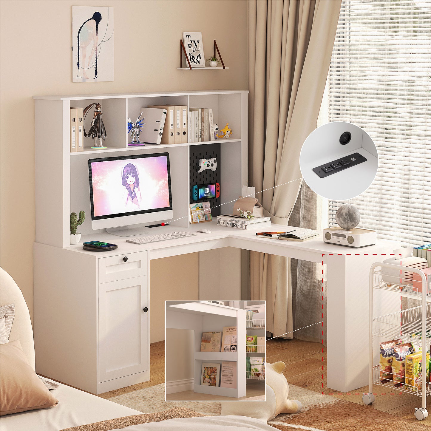 L Shaped Desk with outlet, Computer Desk with Drawers, Bookshelf, Modern Corner Desk, Home Office Desk,L-Shaped Study Table Writing Desk,Corner Gaming Computer Desk with Storage