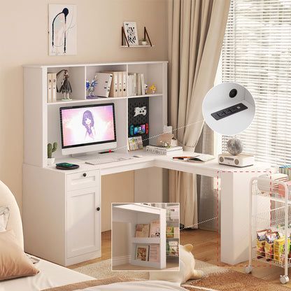 L Shaped Desk with outlet, Computer Desk with Drawers, Bookshelf, Modern Corner Desk, Home Office Desk,L-Shaped Study Table Writing Desk,Corner Gaming Computer Desk with Storage