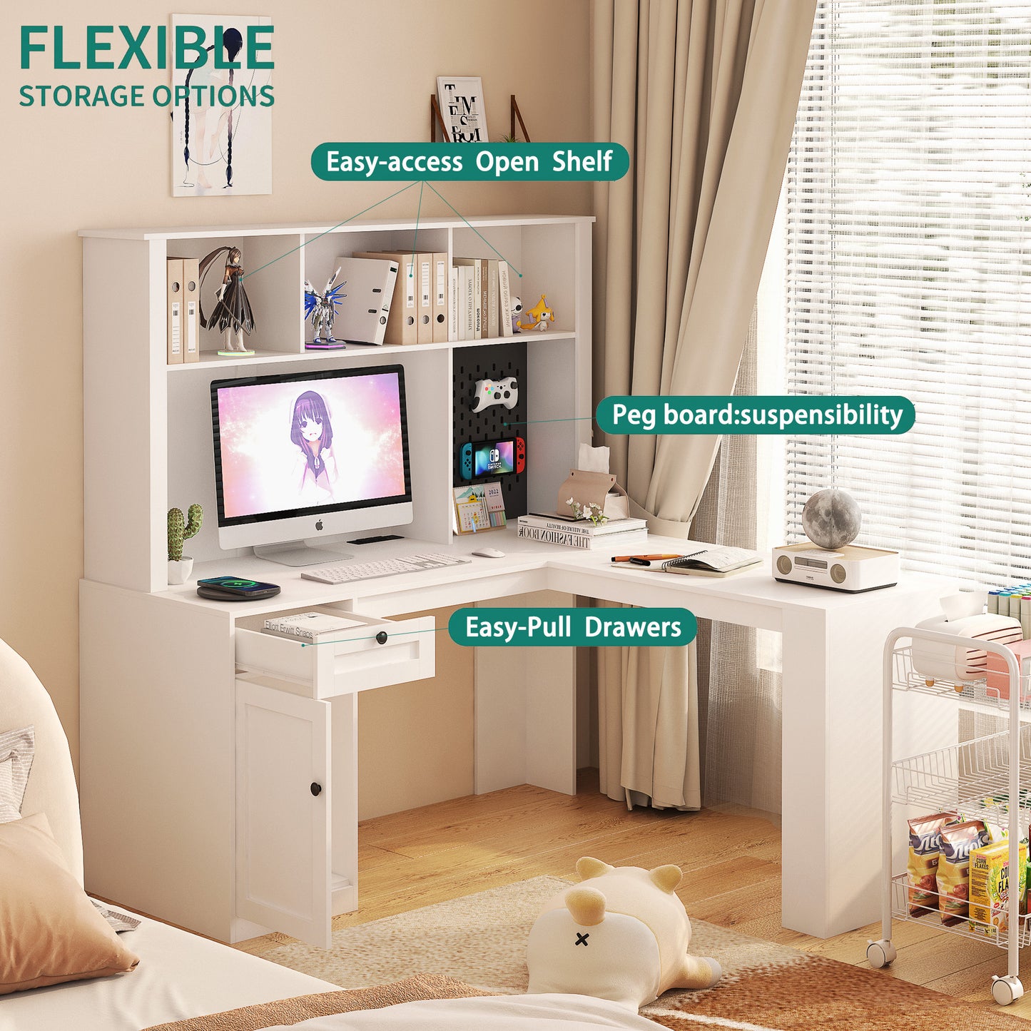 L Shaped Desk with outlet, Computer Desk with Drawers, Bookshelf, Modern Corner Desk, Home Office Desk,L-Shaped Study Table Writing Desk,Corner Gaming Computer Desk with Storage