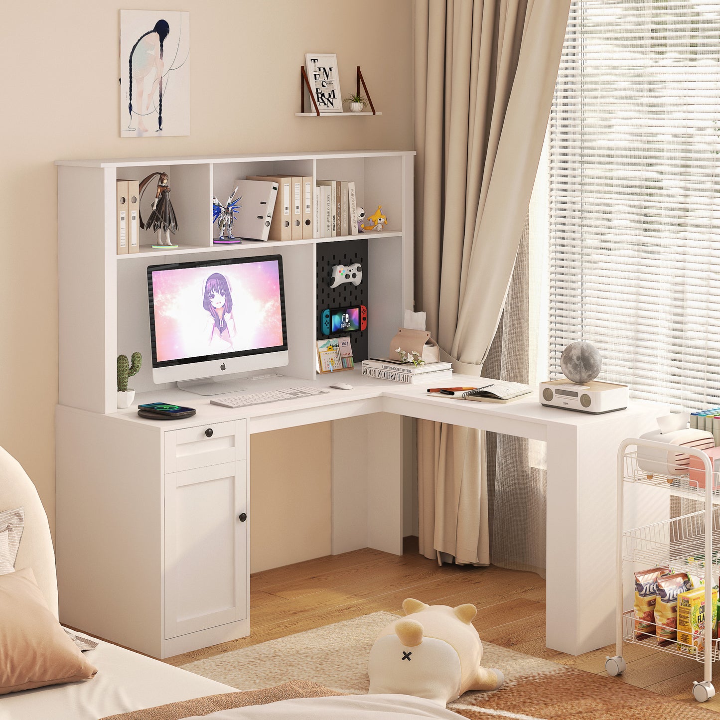 L Shaped Desk with outlet, Computer Desk with Drawers, Bookshelf, Modern Corner Desk, Home Office Desk,L-Shaped Study Table Writing Desk,Corner Gaming Computer Desk with Storage