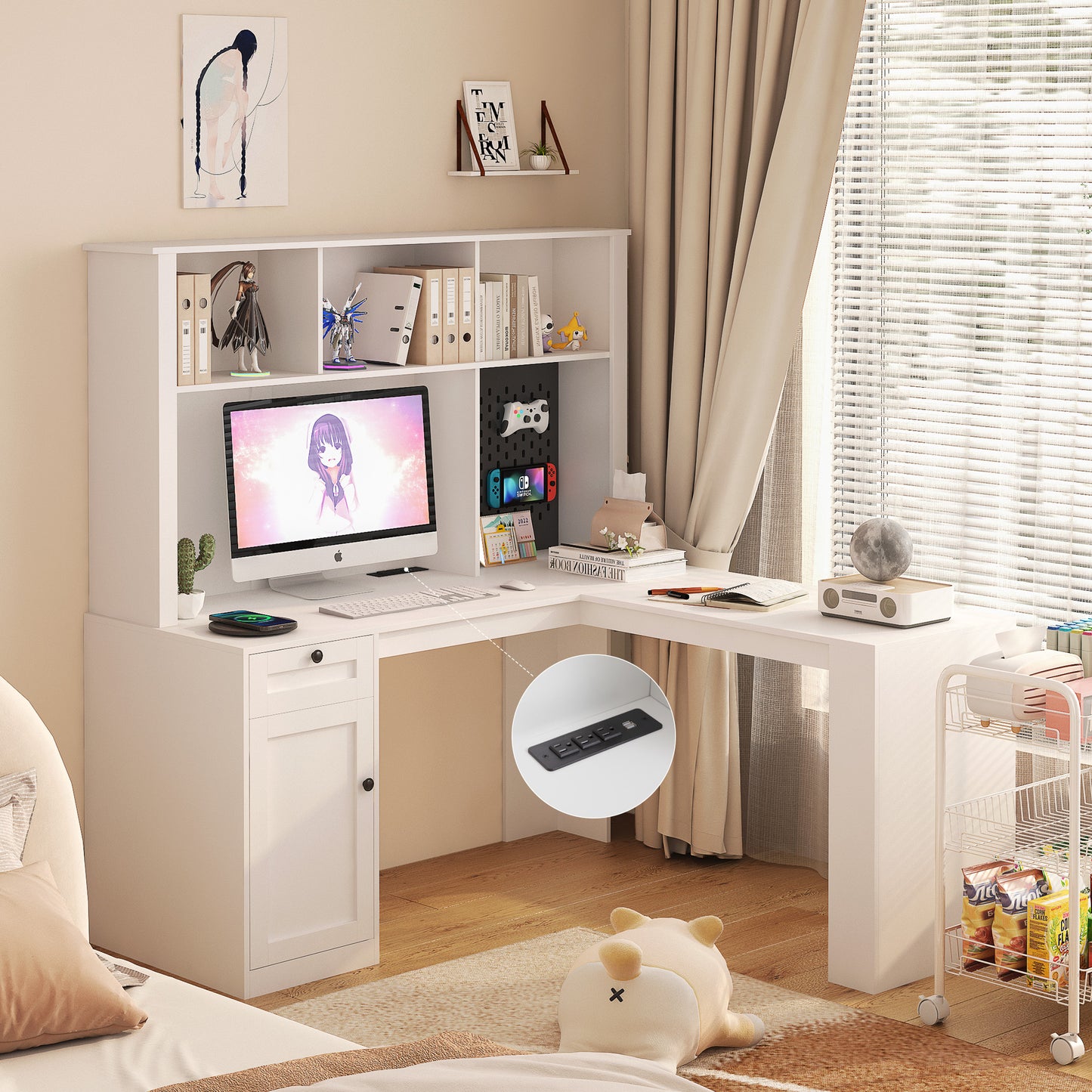 L Shaped Desk with outlet, Computer Desk with Drawers, Bookshelf, Modern Corner Desk, Home Office Desk,L-Shaped Study Table Writing Desk,Corner Gaming Computer Desk with Storage