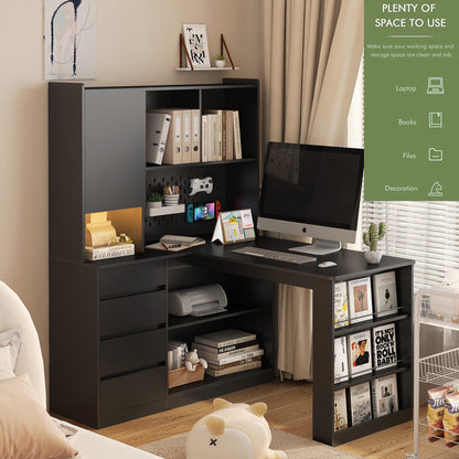 L Shaped Desk,Computer Desk with Drawers,Bookshelf,with LED Light,Modern Corner Desk,Home Office Desk,L-Shaped Study Table Writing Desk,Corner Gaming Computer Desk with Storage