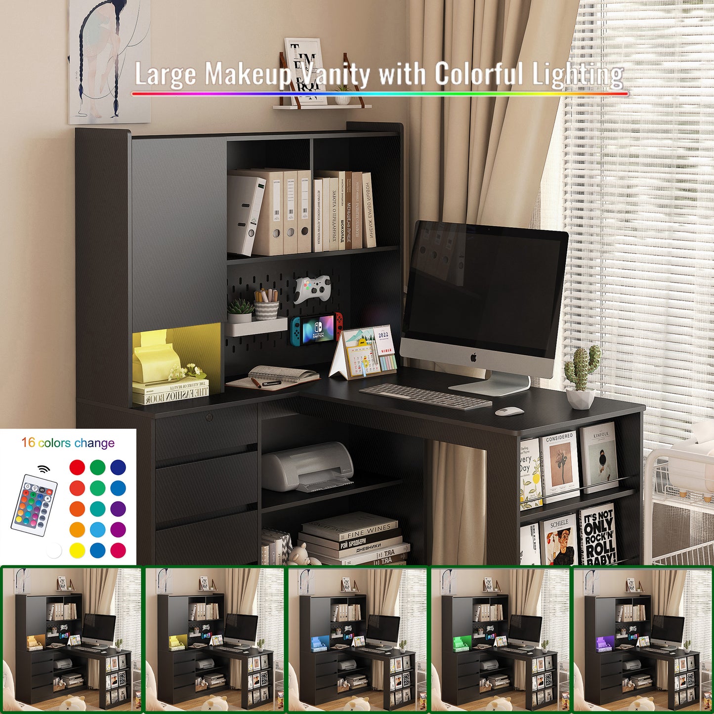 L Shaped Desk,Computer Desk with Drawers,Bookshelf,with LED Light,Modern Corner Desk,Home Office Desk,L-Shaped Study Table Writing Desk,Corner Gaming Computer Desk with Storage