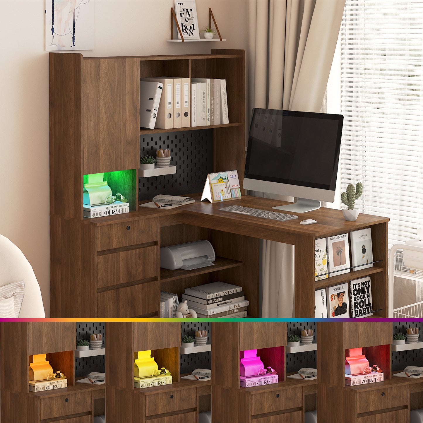 L Shaped Desk,Computer Desk with Drawers,Bookshelf,with LED Light,Modern Corner Desk,Home Office Desk,L-Shaped Study Table Writing Desk,Corner Gaming Computer Desk with Storage