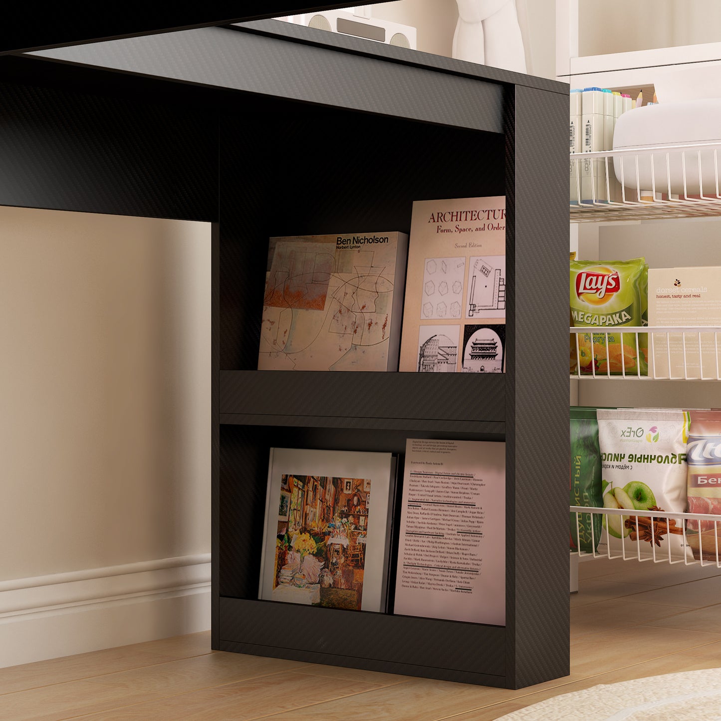 L Shaped Desk with Charger,Computer Desk with Drawers,Bookshelf,Modern Corner Desk,Home Office Desk,L-Shaped Study Table Writing Desk,Carbon fiber Gaming Computer Desk with Storage,Black