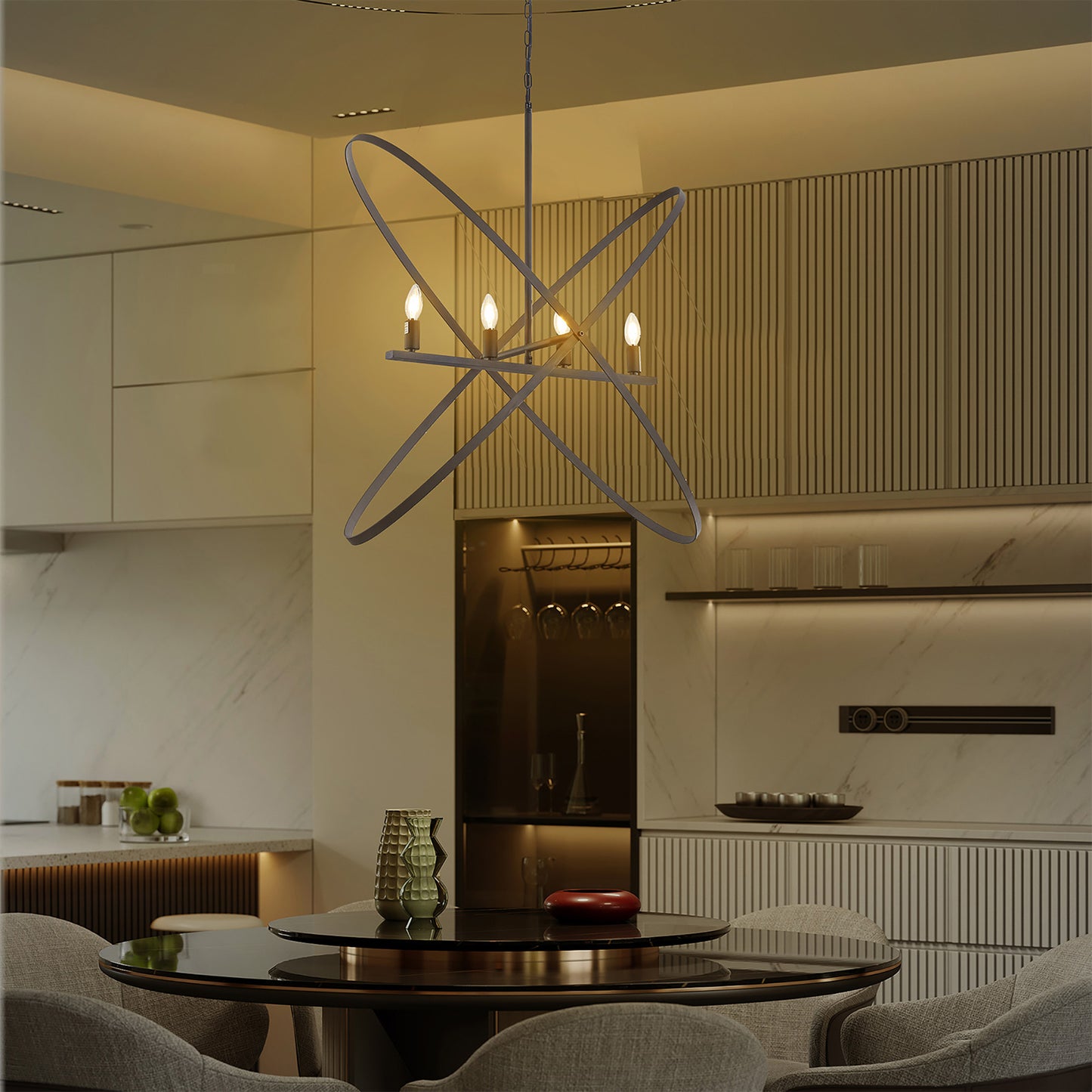 29"L X 15"W X 37.5"H 4 Led Matte Black Atom Brass Metal Pendant