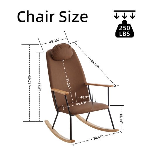 Adjustable Headrest Pillow Rocking Chair, Technical Leather Upholstered Glider Rocker with High Backrest, Modern Rocking Accent Chairs Comfy Side Chair for Nursery, Bedroom, Living Room (Brown)