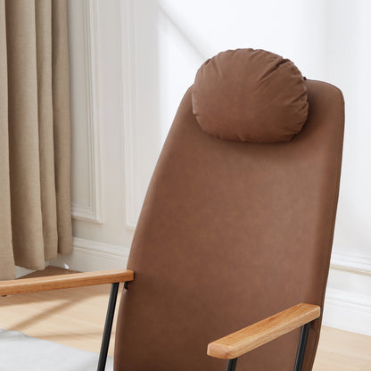 Adjustable Headrest Pillow Rocking Chair, Technical Leather Upholstered Glider Rocker with High Backrest, Modern Rocking Accent Chairs Comfy Side Chair for Nursery, Bedroom, Living Room (Brown)