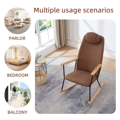 Adjustable Headrest Pillow Rocking Chair, Technical Leather Upholstered Glider Rocker with High Backrest, Modern Rocking Accent Chairs Comfy Side Chair for Nursery, Bedroom, Living Room (Brown)