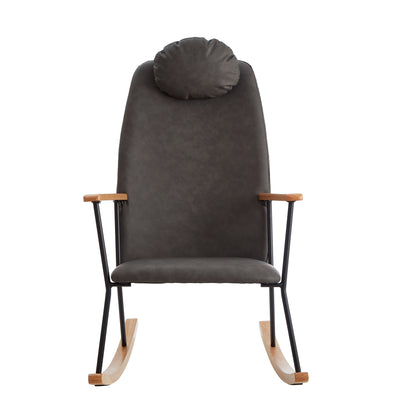 Adjustable Headrest Pillow Rocking Chair, Technical Leather Upholstered Glider Rocker with High Backrest, Modern Rocking Accent Chairs Comfy Side Chair for Nursery, Bedroom, Living Room (Dark Grey)