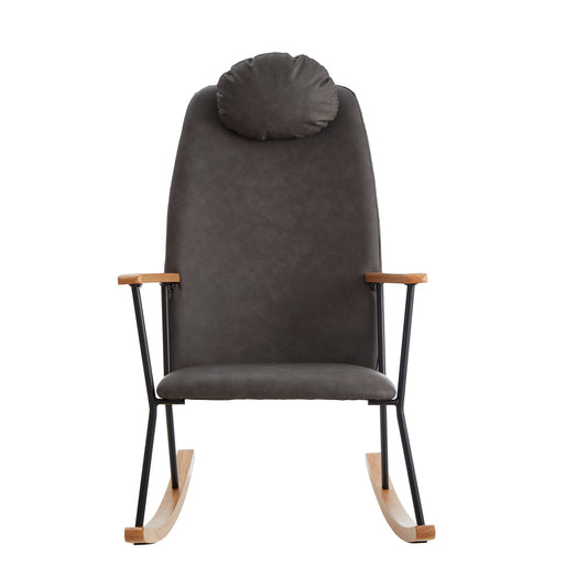 Adjustable Headrest Pillow Rocking Chair, Technical Leather Upholstered Glider Rocker with High Backrest, Modern Rocking Accent Chairs Comfy Side Chair for Nursery, Bedroom, Living Room (Dark Grey)