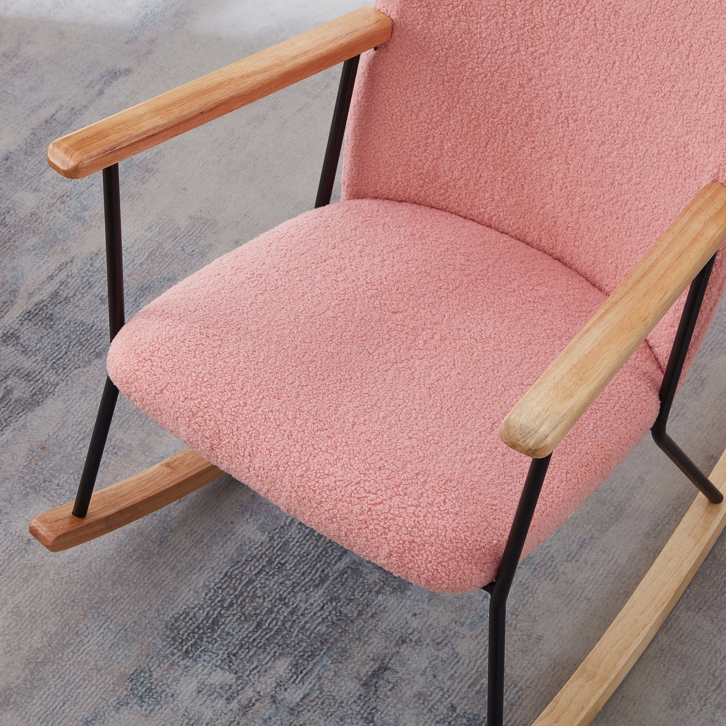 Adjustable Headrest Pillow Rocking Chair, Teddy Fabric Upholstered Glider Rocker with High Backrest, Modern Rocking Accent Chairs Comfy Side Chair for Nursery, Bedroom, Living Room (Pink)