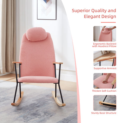 Adjustable Headrest Pillow Rocking Chair, Teddy Fabric Upholstered Glider Rocker with High Backrest, Modern Rocking Accent Chairs Comfy Side Chair for Nursery, Bedroom, Living Room (Pink)