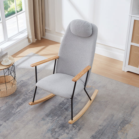 Adjustable Headrest Pillow Rocking Chair, Teddy Fabric Upholstered Glider Rocker with High Backrest, Modern Rocking Accent Chairs Comfy Side Chair for Nursery, Bedroom, Living Room (Light Grey)
