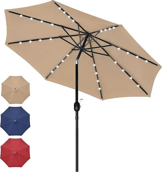 9' Solar 32 Lighted Patio Table Market Push Button Tilt/Crank Outdoor Umbrella for Garden,Deck,Backyard and Pool,9ft-LED,Tan---LED