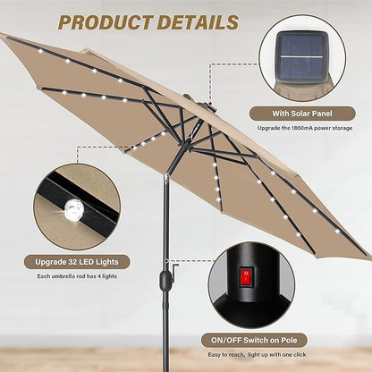 9' Solar 32 Lighted Patio Table Market Push Button Tilt/Crank Outdoor Umbrella for Garden,Deck,Backyard and Pool,9ft-LED,Tan---LED
