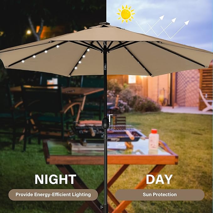9' Solar 32 Lighted Patio Table Market Push Button Tilt/Crank Outdoor Umbrella for Garden,Deck,Backyard and Pool,9ft-LED,Tan---LED