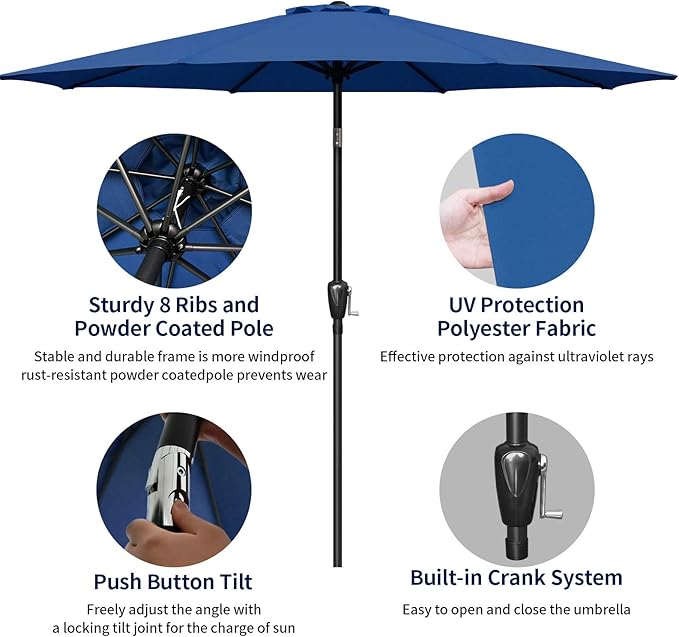 Outdoor Market Table Patio Umbrella with Button Tilt, Crank and 8 Sturdy Ribs for Garden, Deck, Lawn, Backyard & Pool