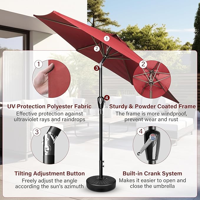 7.5ft Patio Umbrella Outdoor Table Market Yard Umbrella with Push Button Tilt/Crank, 6 Sturdy Ribs for Garden, Deck, Backyard, Pool, Red