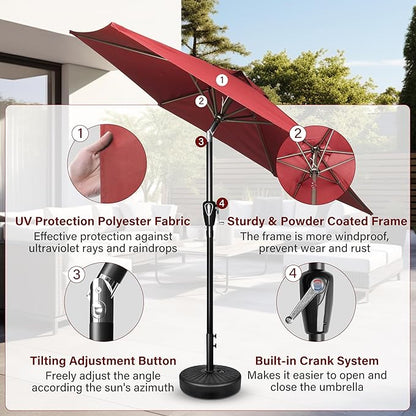 7.5ft Patio Umbrella Outdoor Table Market Yard Umbrella with Push Button Tilt/Crank, 6 Sturdy Ribs for Garden, Deck, Backyard, Pool, Red