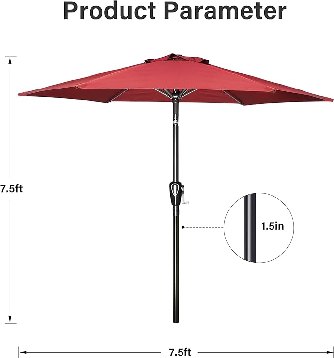 7.5ft Patio Umbrella Outdoor Table Market Yard Umbrella with Push Button Tilt/Crank, 6 Sturdy Ribs for Garden, Deck, Backyard, Pool, Red