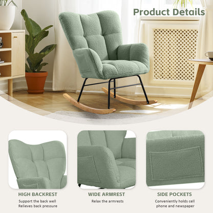 Teddy Fabric Rocking Chair, Modern Rocking Accent Chair for Nursery, Living Room, Bedroom, Light Geen