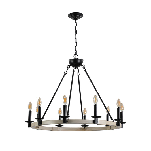 32" Rustic Farmhouse 10-Light Candle Chandelier, Black Metal and Wood Round Hanging Light Fixture for Dining Room, Kitchen, Living Room, Adjustable Height, E12 Bulb Base