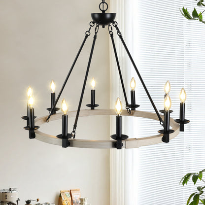 32" Rustic Farmhouse 10-Light Candle Chandelier, Black Metal and Wood Round Hanging Light Fixture for Dining Room, Kitchen, Living Room, Adjustable Height, E12 Bulb Base