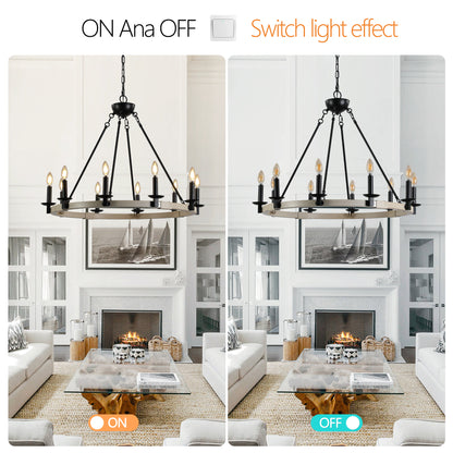 32" Rustic Farmhouse 10-Light Candle Chandelier, Black Metal and Wood Round Hanging Light Fixture for Dining Room, Kitchen, Living Room, Adjustable Height, E12 Bulb Base