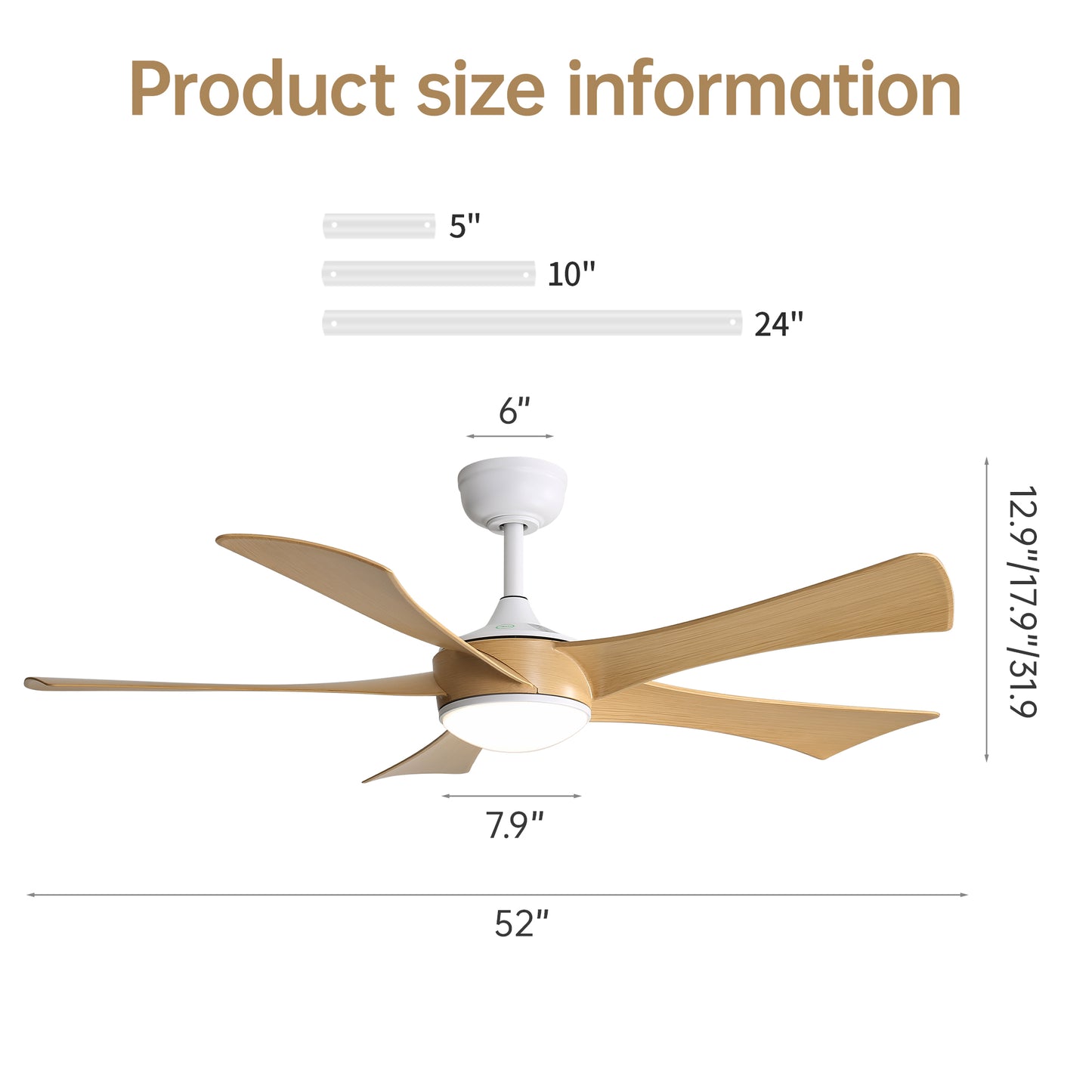 52 Inch Modern Ceiling Fan with 22W LED Light and Remote Control 5 ABS Blades for Living Room