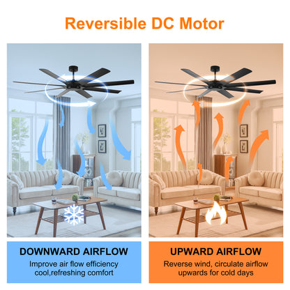 72 inch Ceiling Fans no Light with Remote Control, 8 Reversible Blade, Quiet DC Motor, Timer Function, 6-Speed, Industrial Ceiling Fan for Bedroom Home Kitchen (Black)