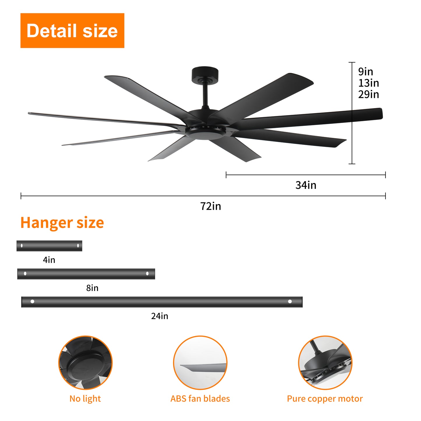 72 inch Ceiling Fans no Light with Remote Control, 8 Reversible Blade, Quiet DC Motor, Timer Function, 6-Speed, Industrial Ceiling Fan for Bedroom Home Kitchen (Black)