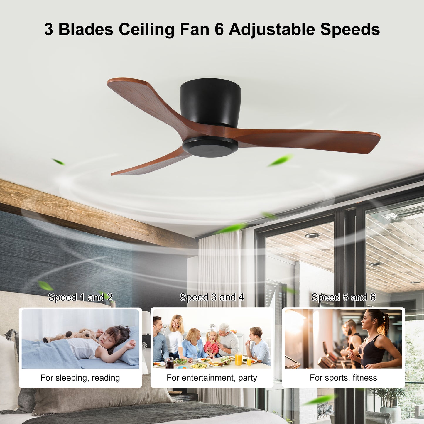 42 Inch Ceiling Fan no light with Remote Control, Low Profile Flush Mount Ceiling Fan without Light,Noiseless Reversible DC Motor with Time