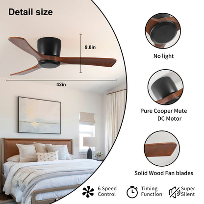 42 Inch Ceiling Fan no light with Remote Control, Low Profile Flush Mount Ceiling Fan without Light,Noiseless Reversible DC Motor with Time