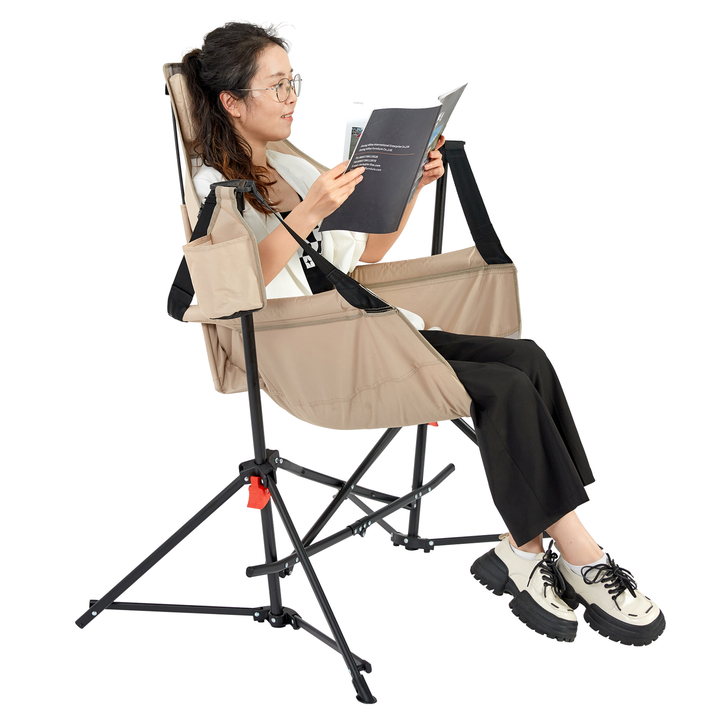 Hammock Camping Chair, Folding Portable Rocking Chair, Aluminum Alloy Adjustable Back Swinging Chair with Pillow Cup Holder, Recliner with Carry Bag for Outdoor Travel Lawn Backyard, KHAKI