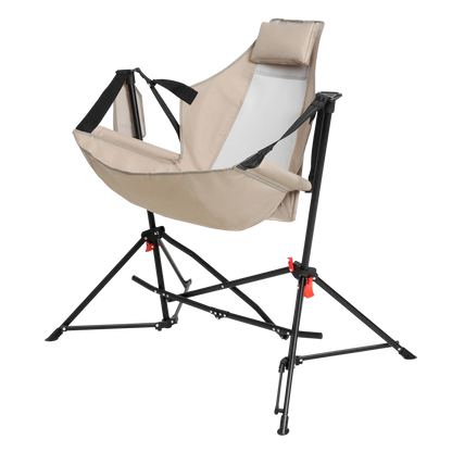 Hammock Camping Chair, Folding Portable Rocking Chair, Aluminum Alloy Adjustable Back Swinging Chair with Pillow Cup Holder, Recliner with Carry Bag for Outdoor Travel Lawn Backyard, KHAKI
