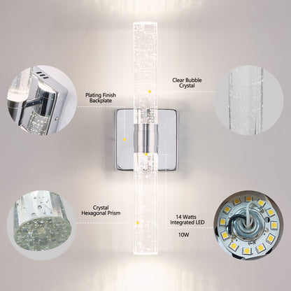 17"(H) Contemporary Crystal Wall Light, Chrome Finish with Bubble Crystal, 2-Light Sconce for Bathroom, Bedroom, Hallway – Modern Indoor Lighting Fixture