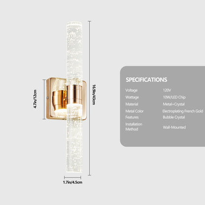 17"(H) Contemporary Crystal Wall Light, Gold Plating Finish with Bubble Crystal, 2-Light Sconce for Bathroom, Bedroom, Hallway – Modern Indoor Lighting Fixture