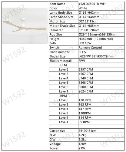 52"  Ceiling Fan with Lights Remote Control,Quiet DC Motor 3 Blade Ceiling Fans 6 Speed Levels,Reversible Ceiling Fan,  for Patio Living Room, Bedroom, Office,Indoor.(White +Natural)