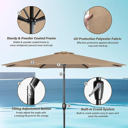 10ft Outdoor Market Patio Umbrella with 8 Sturdy Ribs, Tilt/Crank Push Button for Garden, Deck, Backyard and Pool