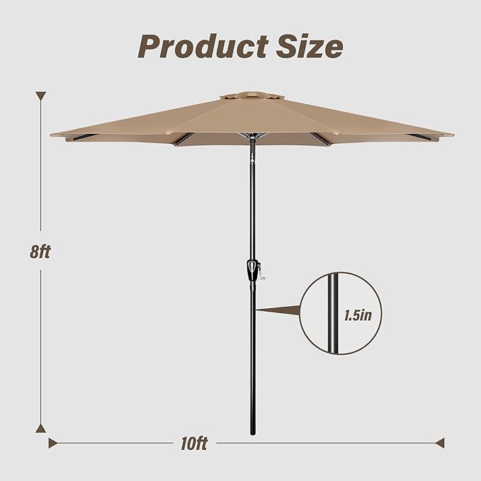 10ft Outdoor Market Patio Umbrella with 8 Sturdy Ribs, Tilt/Crank Push Button for Garden, Deck, Backyard and Pool