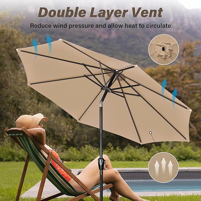 10ft Outdoor Market Patio Umbrella with 8 Sturdy Ribs, Tilt/Crank Push Button for Garden, Deck, Backyard and Pool
