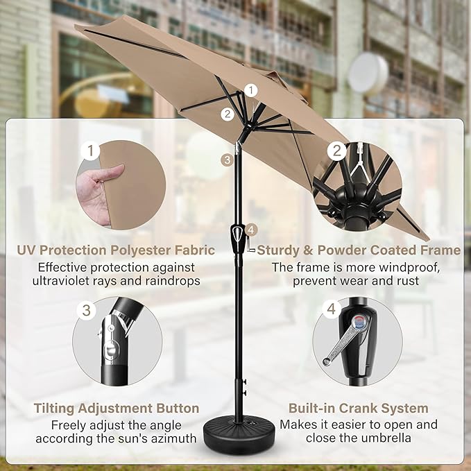 7.5' Patio Umbrella Outdoor Table Market Yard Umbrella with Push Button Tilt/Crank, 6 Sturdy Ribs for Garden, Deck, Backyard, Pool, Tan