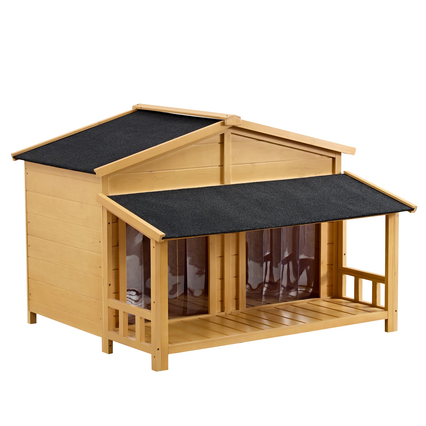 Dog House, Waterproof Dog Cage Kennel, Wooden Outdoor and Indoor Dog House, Raised Pet Kennel for Medium Dogs, Log Cabin Style with Porch,Elevated Floor,Asphalt Roof, 2 Doors, Pine Wood Natural