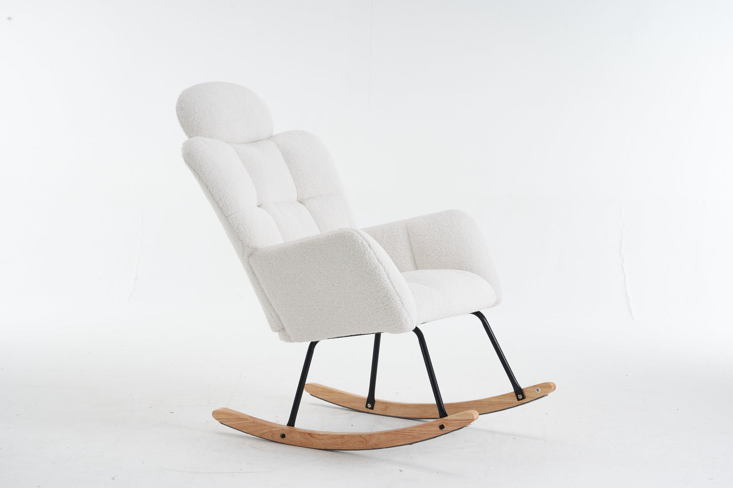 055-Teddy Fabric Upholstered Nursery Rocking Glider Chair Modern Accent Armchair Padded Seat with High Backrest and Pillow for Living Room Bedroom (Ivory)