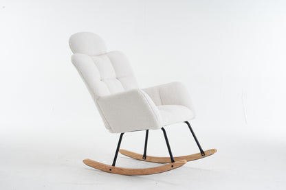 055-Teddy Fabric Upholstered Nursery Rocking Glider Chair Modern Accent Armchair Padded Seat with High Backrest and Pillow for Living Room Bedroom (Ivory)