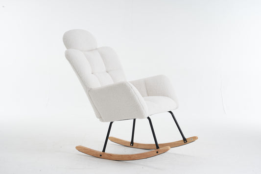 055-Teddy Fabric Upholstered Nursery Rocking Glider Chair Modern Accent Armchair Padded Seat with High Backrest and Pillow for Living Room Bedroom (Ivory)